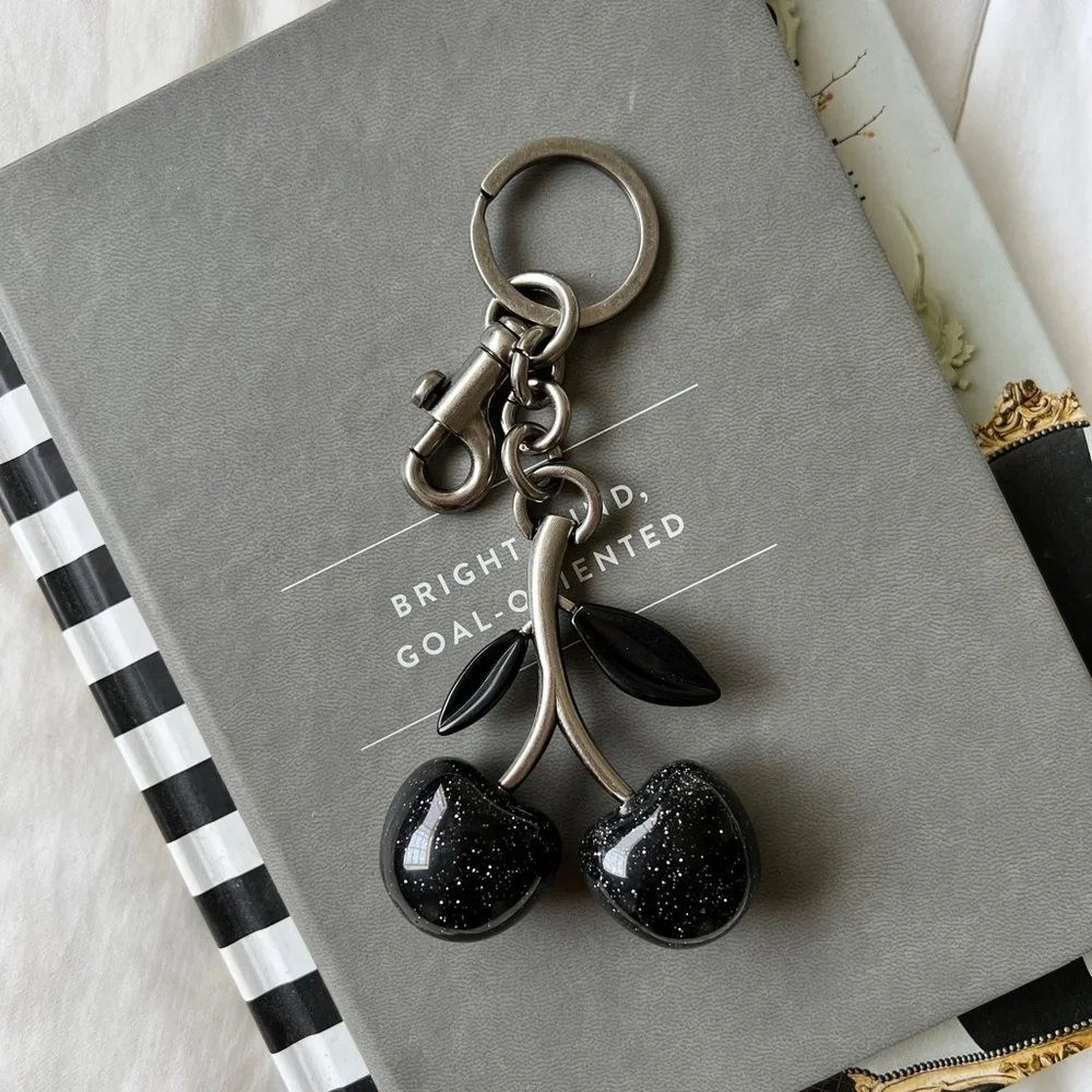 New Cherry Bag Charm Keychain Glitter Black Resin and Metal
